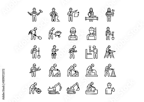 Black & White Construction Worker Icons: 25 Unique Vector Line Art, Vector Jobsite Personnel Set: Minimalist Monochrome Icons, The Complete Collection of Builder and Tool Iconography (Monoline)