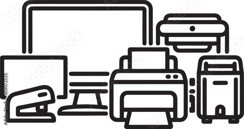 Black outline illustration of office equipment including computer printer and stapler monitor scanner