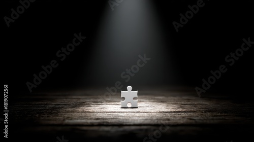 Single white puzzle piece illuminated by a spotlight on dark wooden background, symbolizing problem-solving and completion in various scenarios
