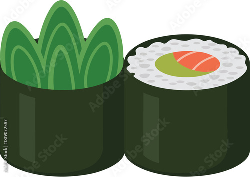 Isolated illustration of sushi rolls with salmon and avocado on white background