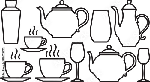 Black outline vector illustrations of teapots cups saucers vases and wine glasses