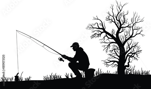 Black silhouette of a fisherman sitting with a rod near a bare tree, nature vector illustration isolated on white background.
