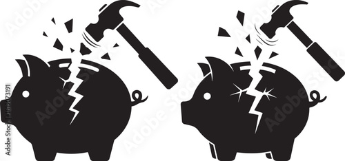 Two cracked piggy bank silhouettes being smashed by hammers