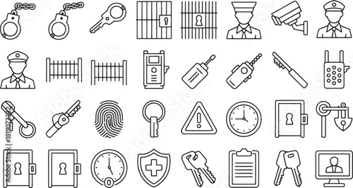 Collection of 20 line art vector icons representing security and access control elements