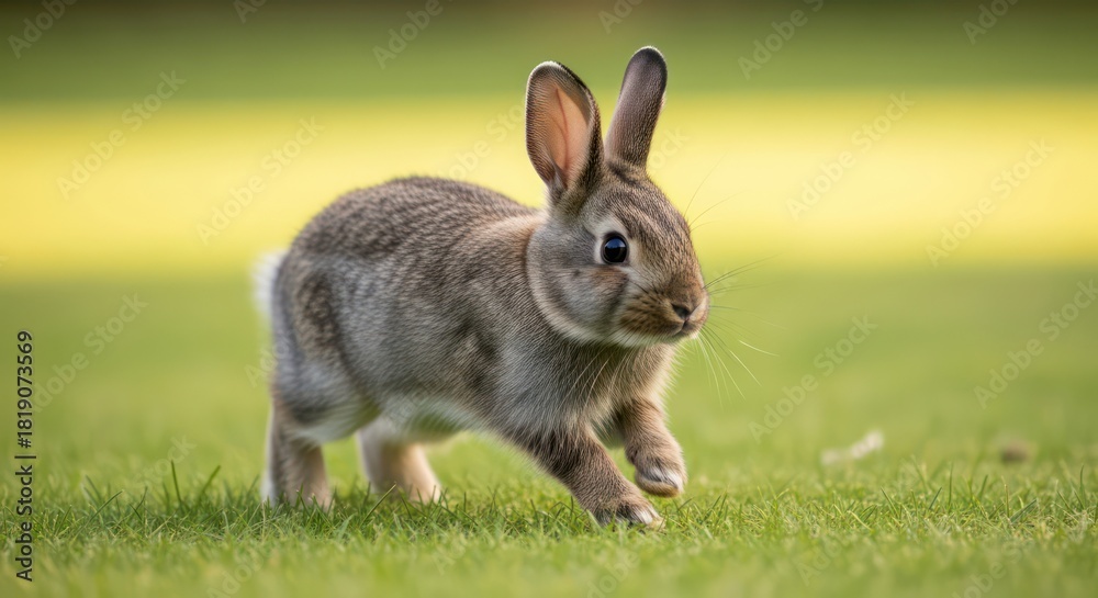 Fototapeta premium Adorable bunny rabbit running across green grass field.