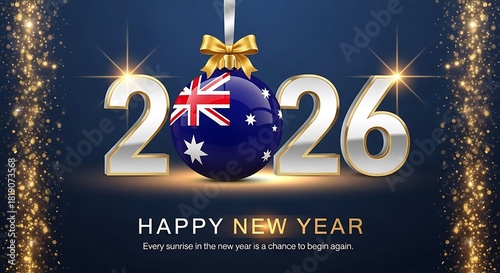 Celebrate an Australian Happy New Year 2026 with a festive ornament and sparkling lights, wishing prosperity and joy for Australia in the coming year