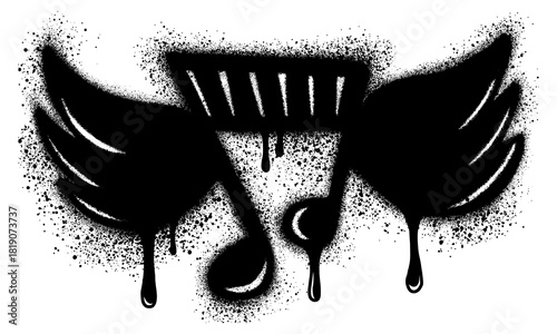 Spray Paint Graffiti Tone Icon wearing wings. graffiti music icon with over spray in black on white.