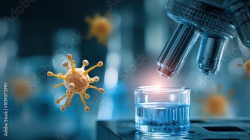 Close-Up of Microscope with Virus Model and Petri Dish in Laboratory Setting, Highlighting Research and Study of Infectious Diseases and Pathogens