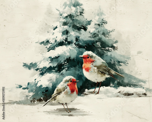 Watercolor illustration of two robins in snowy landscape with pine trees
