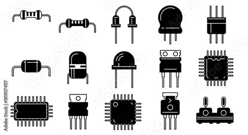 A collection of black and white icons representing various electronic components and semiconductor devices.