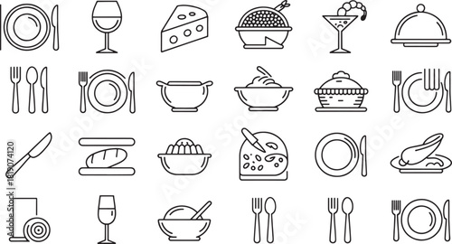 Collection of 20 minimalist line art icons of food and dining elements vector