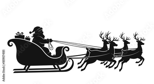 Silhouette of Santa Claus riding in his sleigh pulled by reindeer, carrying gifts.