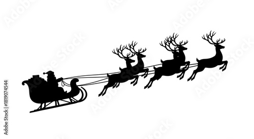 Silhouette of Santa Claus in his sleigh being pulled by four reindeer in flight.