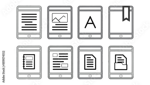 E-Reader and Digital Document Line Icon Set: Tablet Devices Displaying Text, Charts, Font, Bookmark, Notebook, Layout, File, and Folder for E-Learning, Technology, and Education