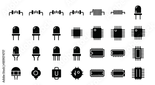 Collection of electronic components, including resistors, LEDs, and integrated circuits, presented in a black and white style.