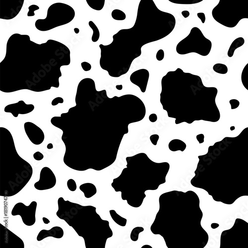 Cow abstract seamless pattern. Vector animal skin print, cute black dalmatian spots on white background. Natural stylized spotted texture for textile, fabric, dairy farm decor, wrapping paper, cover.