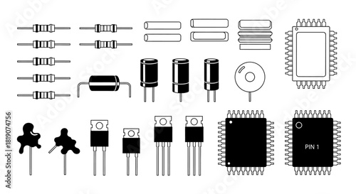 Electronic components illustration: resistors, capacitors, transistors, and integrated circuits, arranged in rows and columns.
