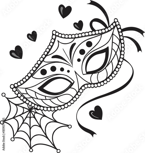 Vector graphic of masquerade mask with hearts and spider web. 