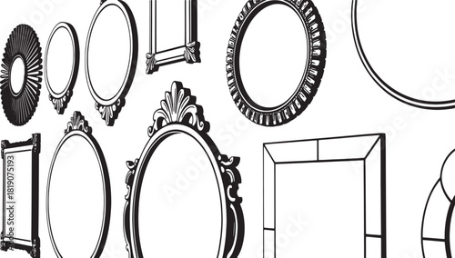 Collection of black and white ornate and simple mirror frames decorative vintage