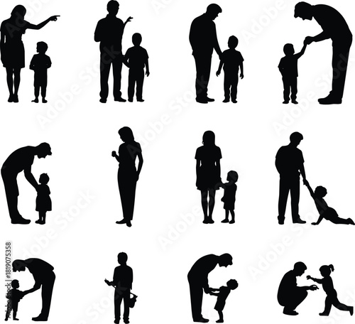 Set of parent and child silhouettes showing interactions like scolding, holding hands and talking, vector illustration isolated on white.
