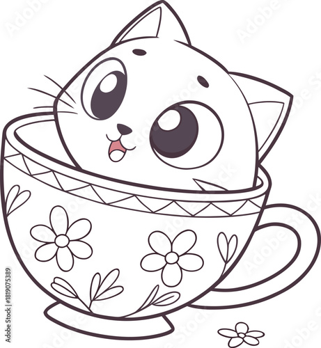 Cute kitten in a teacup line art vector drawing. isolated.  