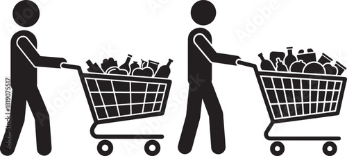 Two people pushing full shopping carts in a silhouette style