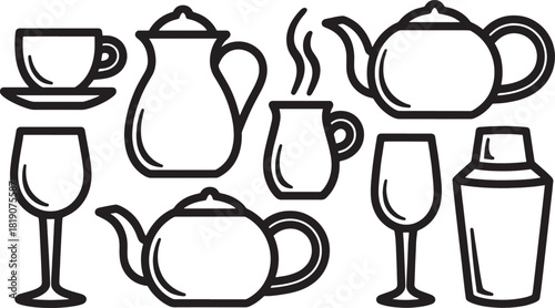 Collection of black and white vector icons of teapots cups glasses and shaker saucer wine glass
