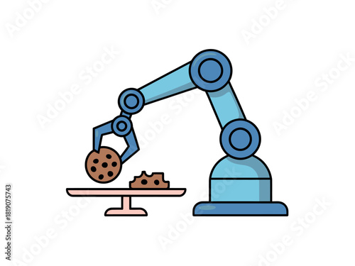 A robotic arm carefully places a cookie onto a platform, signifying automation in food production and industrial processes.