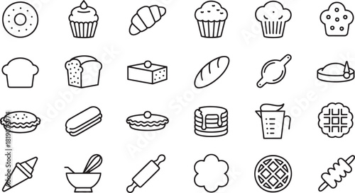 Collection of black line art icons representing baked goods and baking tools donut cupcake