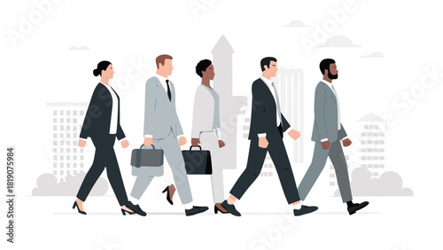 A modern flat vector illustration showcasing a diverse team of five business professionals collaborating and working together on a project symbolizing teamwork and success