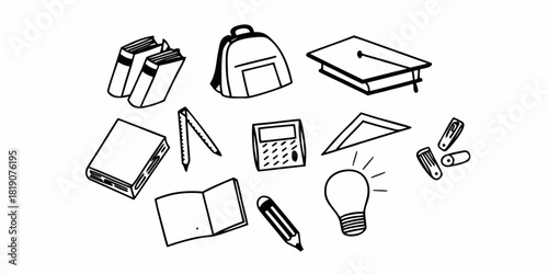 Hand-drawn collection of doodle icons symbolizing education, knowledge, and academic achievement for back to school concepts
