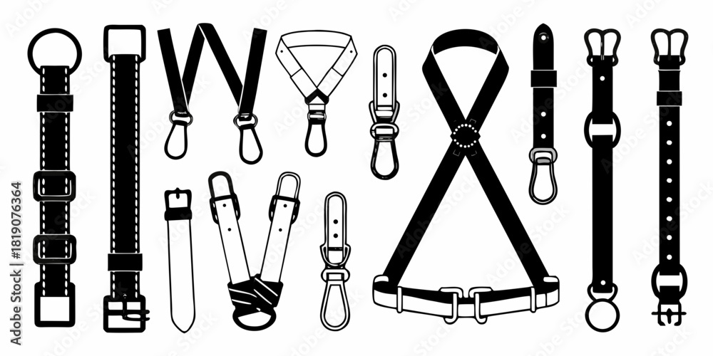 Obraz premium A comprehensive vector set of monochrome fetish accessories, showcasing a variety of leather straps, bondage harnesses, collars, and belts for subculture design concepts