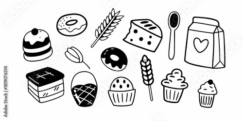 Collection of bakery elements, including cakes, bread, and pastries, suitable for design and decoration