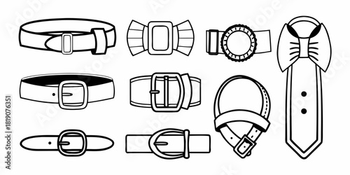 Belt Collection Variety of Belt Styles and Buckles in Black and White Outline Illustrations