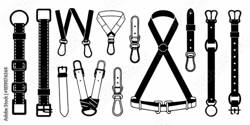 A comprehensive vector set of monochrome fetish accessories, showcasing a variety of leather straps, bondage harnesses, collars, and belts for subculture design concepts