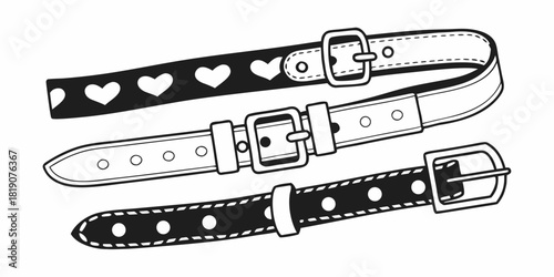A collection of hand-drawn fashion belts in a monochrome line art style, featuring various designs with hearts and studs for clothing accessories