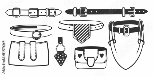 Vector collection showcasing diverse fashion accessories stylish belts, adjustable straps, ornate buckles, and decorative small pouches, perfect for graphic design