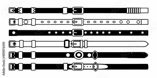 Set of stylish belts vector illustration, showcasing design variations with buckles and closures