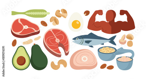 Collection of healthy protein-rich foods and a muscular figure symbolizing fitness.