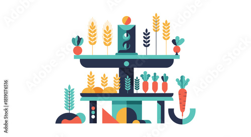 Stylized illustration of a multi-tiered vertical farm showcasing various crops and geometric elements.