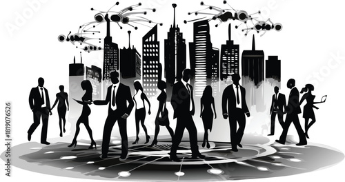 Modern flat vector illustration of diverse business people in silhouette representing teamwork collaboration and professional success in a corporate setting