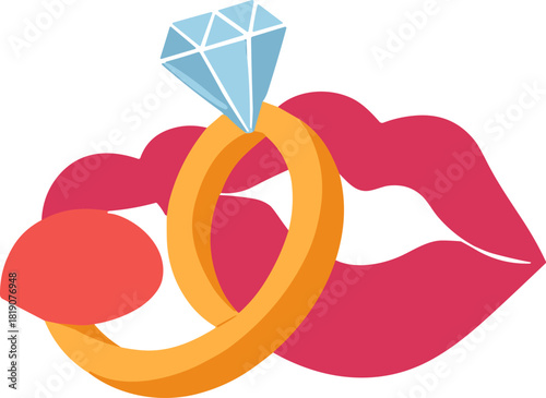 Luxury Proposal Moment: Golden Engagement Ring with Massive Blue Diamond Gemstone Shining Brightly, Held Against Sensual Pink Lips in Modern Flat Vector Illustration Style.