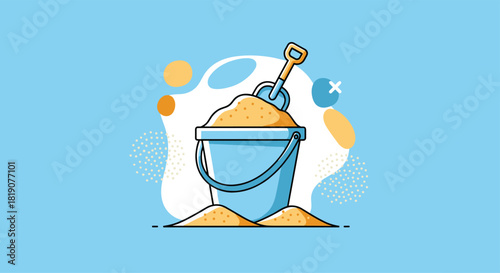 A stylized illustration of a blue sand bucket filled with sand and a shovel on a light blue background.