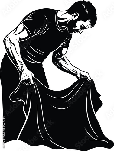 Man Holding Large Cloth in Dynamic Pose Silhouette Vector