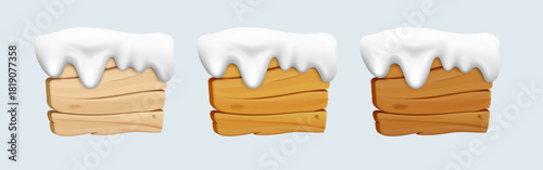 Vector cartoon 3d brown wooden rectangle plaque with snow cap set. Realistic 3d wood texture empty signboard with snowdrifts border top on grey for game message sign, timber banner, menu, app, decor.
