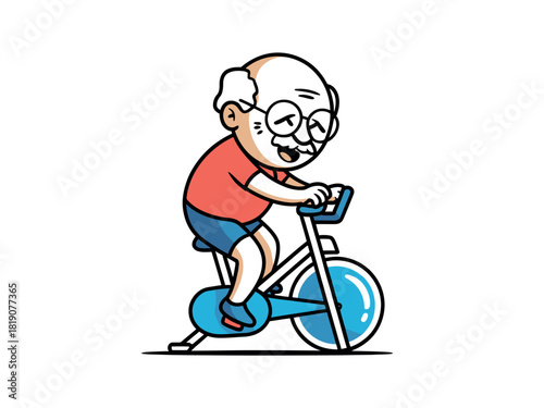 An elderly man cheerfully exercises on a stationary bicycle, promoting a healthy and active lifestyle in his senior years.