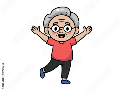 A cheerful cartoon elderly woman with glasses and gray hair stands with her arms outstretched in excitement.