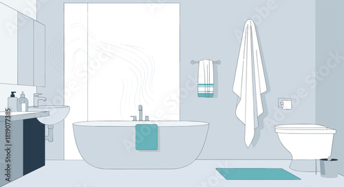 Modern minimalist bathroom with bathtub, toilet, and sink in a calm blue color scheme.