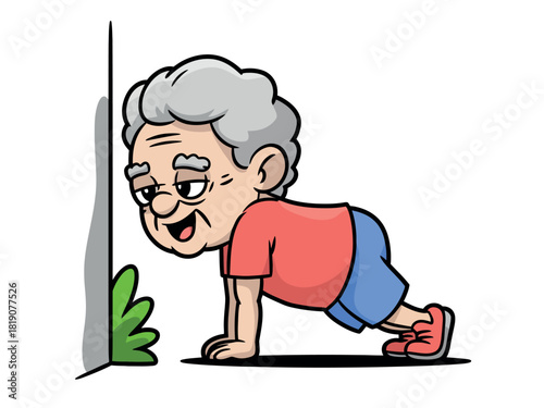 An elderly man with gray hair is doing a wall push-up, demonstrating an effort to stay physically active despite his age.