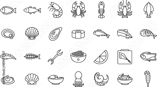 Collection of minimalist line art icons featuring seafood and aquatic elements fish shrimp